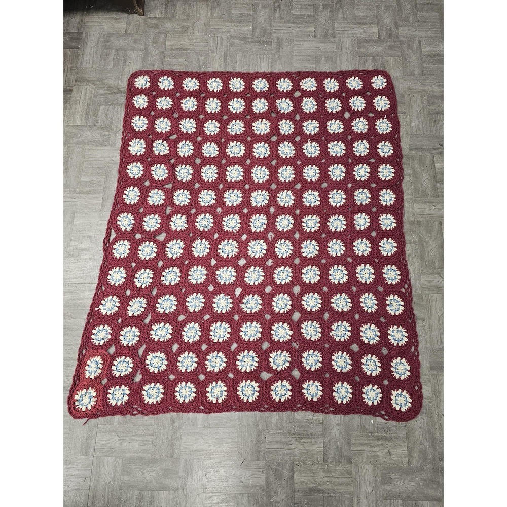Handmade Crochet Granny Square Throw Blanket Afghan 63x75 Red Retro Boho‎ Decor